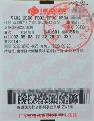 佛山市的中奖彩票是一张56元8 1复式自选票.