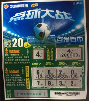 "点球大战"头奖20万中奖彩票
