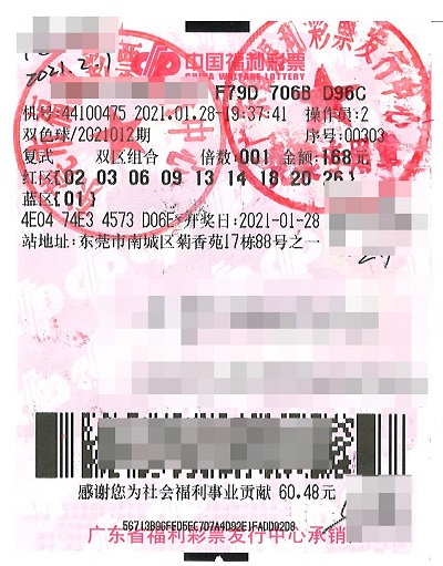 2021012期中奖彩票